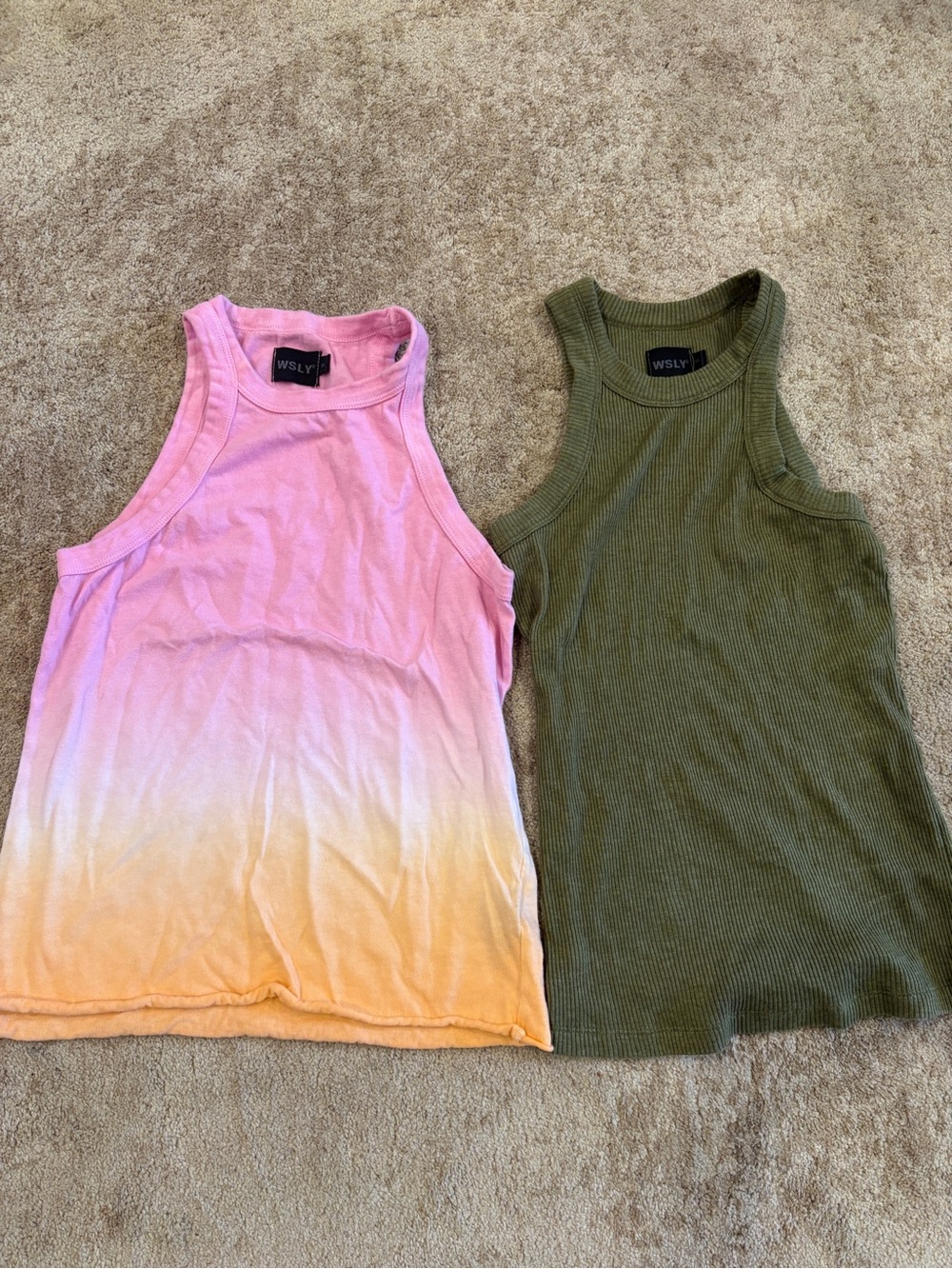 WSLY Pink to Orange Ombre Tank & Olive Green Ribbed Tank Set